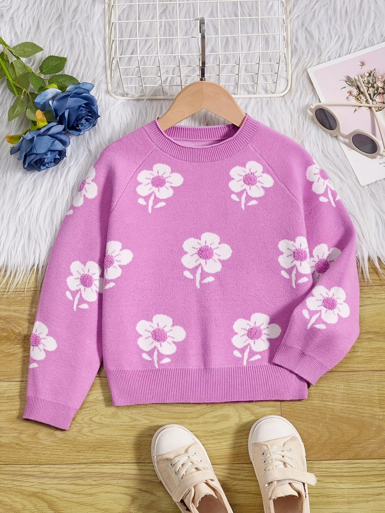 Girls Vibrant Flower Jacquard Knitted Crewneck Long Sleeve Pullover Sweater Jumper Tops - Soft, Cozy, and Warm Winter Wear - Perfect for Casual Daily Life and Outdoor Activities