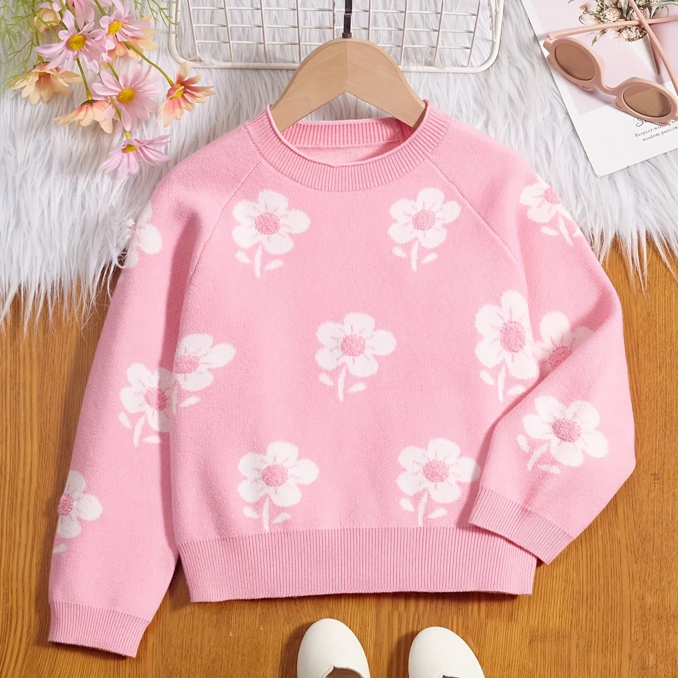 Girls Vibrant Flower Jacquard Knitted Crewneck Long Sleeve Pullover Sweater Jumper Tops - Soft, Cozy, and Warm Winter Wear - Perfect for Casual Daily Life and Outdoor Activities