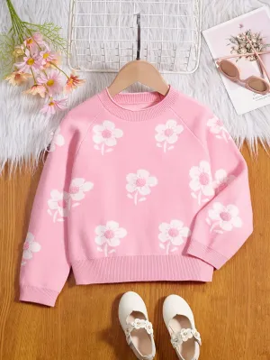 Girls Vibrant Flower Jacquard Knitted Crewneck Long Sleeve Pullover Sweater Jumper Tops - Soft, Cozy, and Warm Winter Wear - Perfect for Casual Daily Life and Outdoor Activities