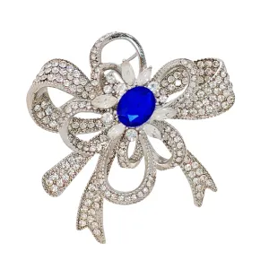 Gorgeous Silver - toned Bow - shaped Brooch with Large Blue Stone and Crystal Embellishments