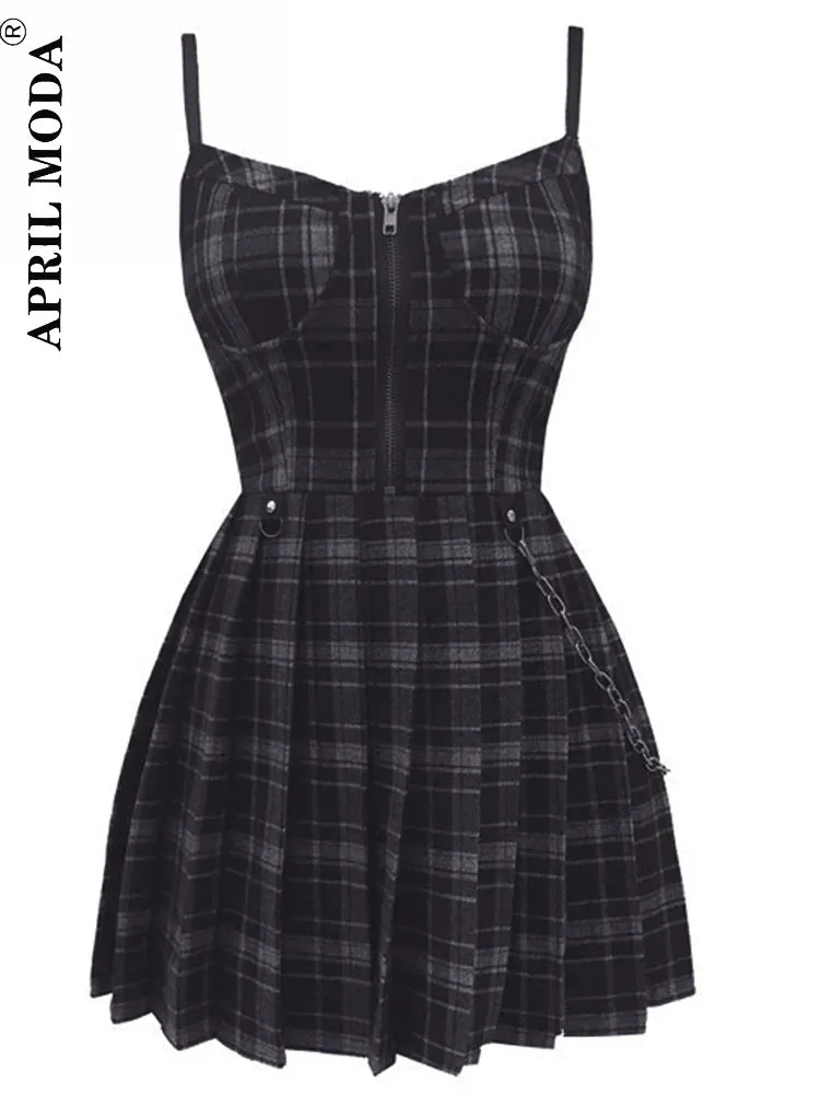 Gothic Plaid Bandage Dress with Zipper Detail