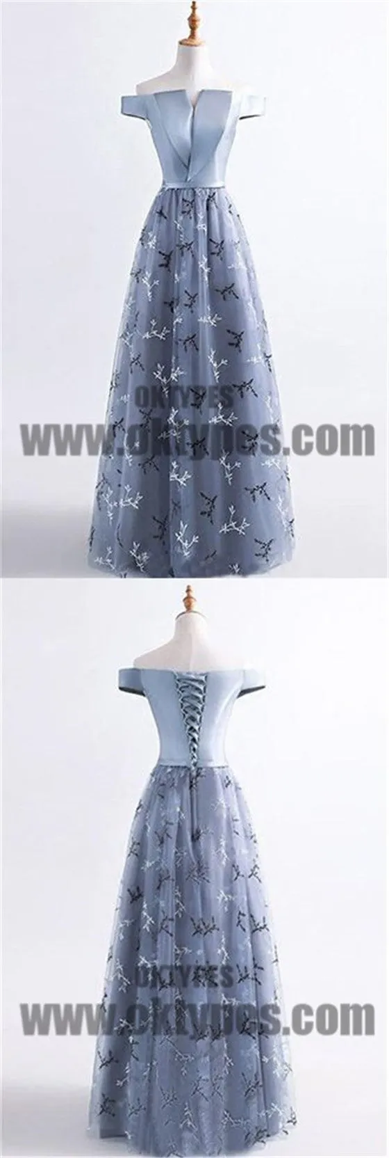 Grey Long Top Satin Appliques Off Shoulder Lace Up Tulle Prom Dresses, Prom Dresses, TYP0505