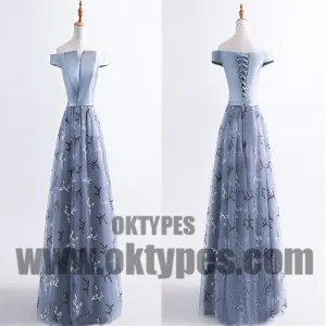 Grey Long Top Satin Appliques Off Shoulder Lace Up Tulle Prom Dresses, Prom Dresses, TYP0505
