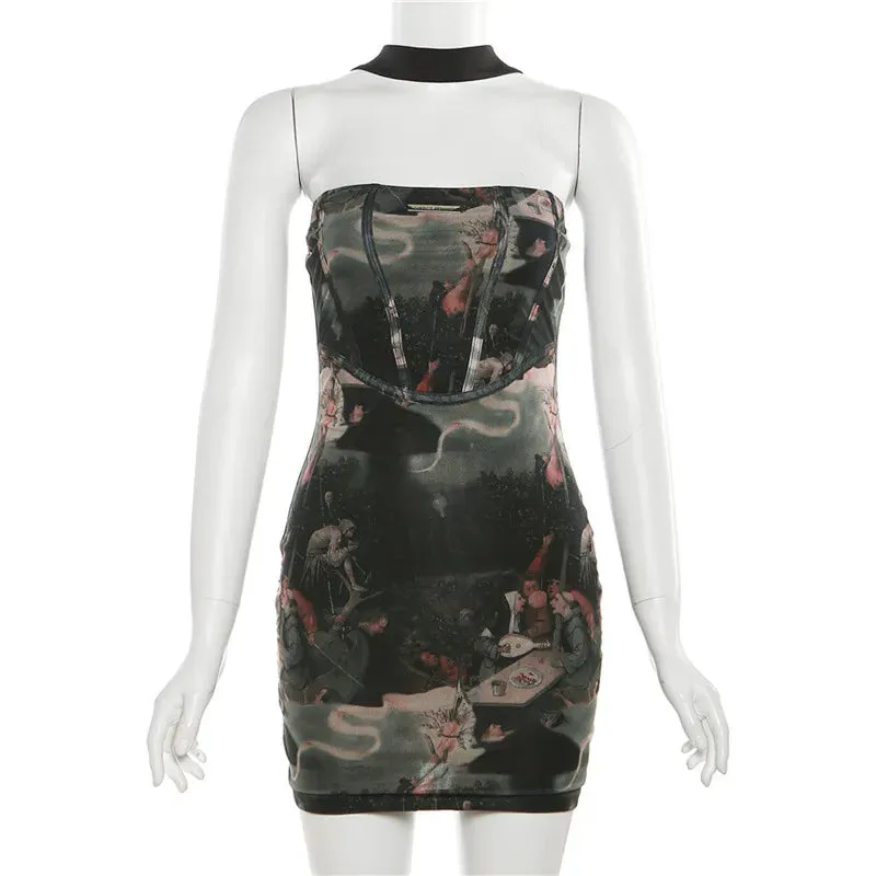Grunge Black Patchwork Printed Mini Dress
