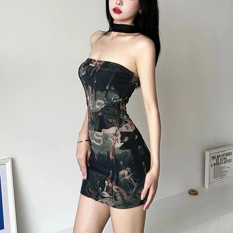 Grunge Black Patchwork Printed Mini Dress