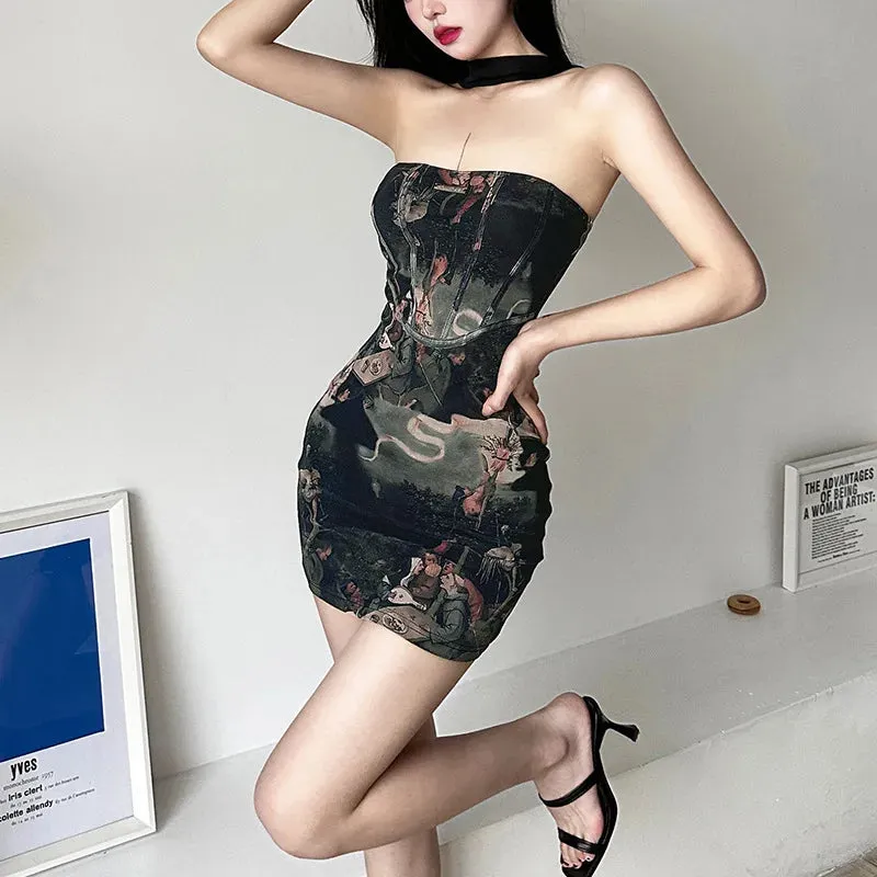 Grunge Black Patchwork Printed Mini Dress