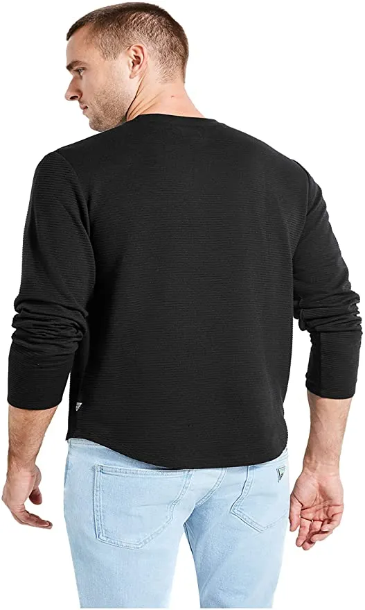 Guess Mens Long Sleeve Linear Textured Jersey Crew, Black, Sz M!