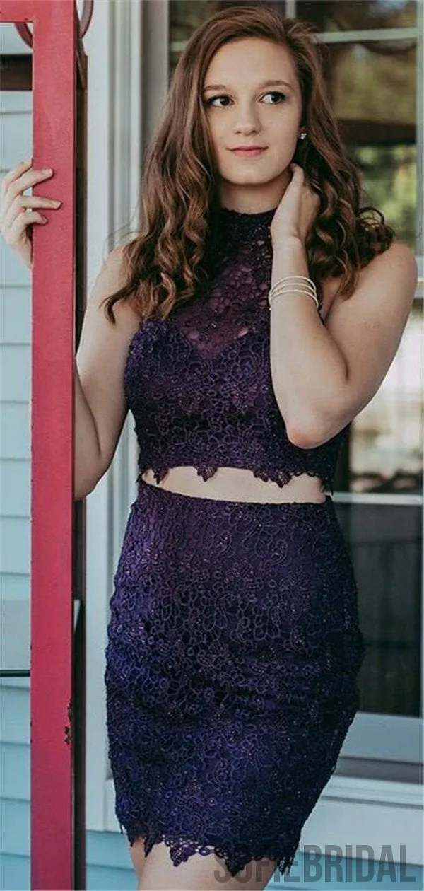 Halter Two-pieces High-neck Sleeveless Full Lace Homecoming Dresses, HD0115