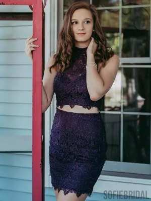 Halter Two-pieces High-neck Sleeveless Full Lace Homecoming Dresses, HD0115