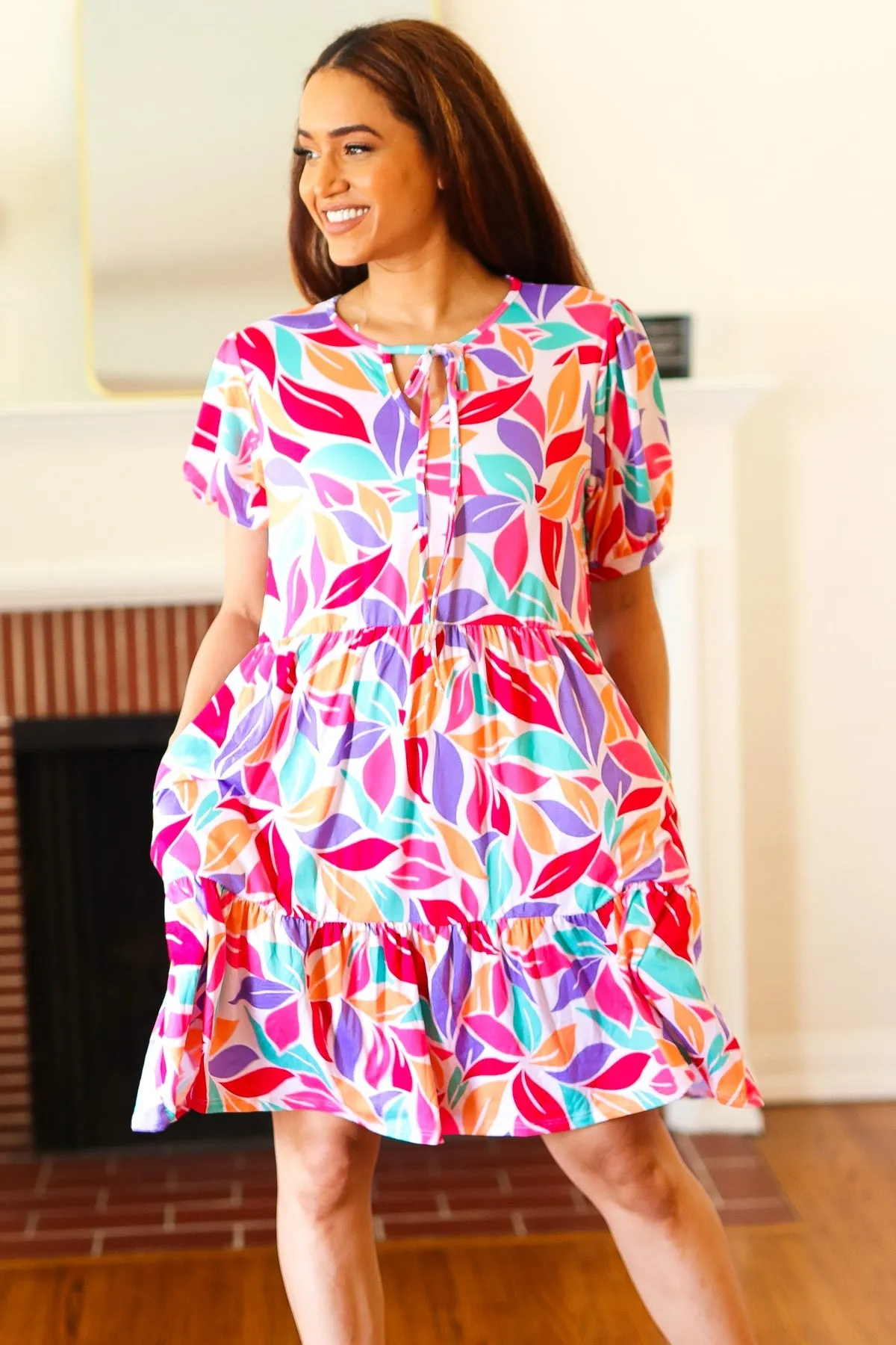 Haptics Feel Your Best Multicolor Floral Tiered Front Tie Pocketed Dress