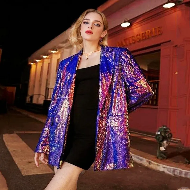 Heavy Industry Mid Length Buckle Free Purple Plus Size Loose Sequ Blazers Personality Women Clothing Coat
