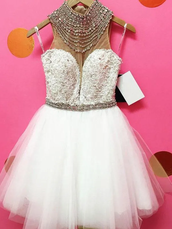 High Neck See Through Rhinestone Cute Pink Homecoming Dresses 2018, BDY0171
