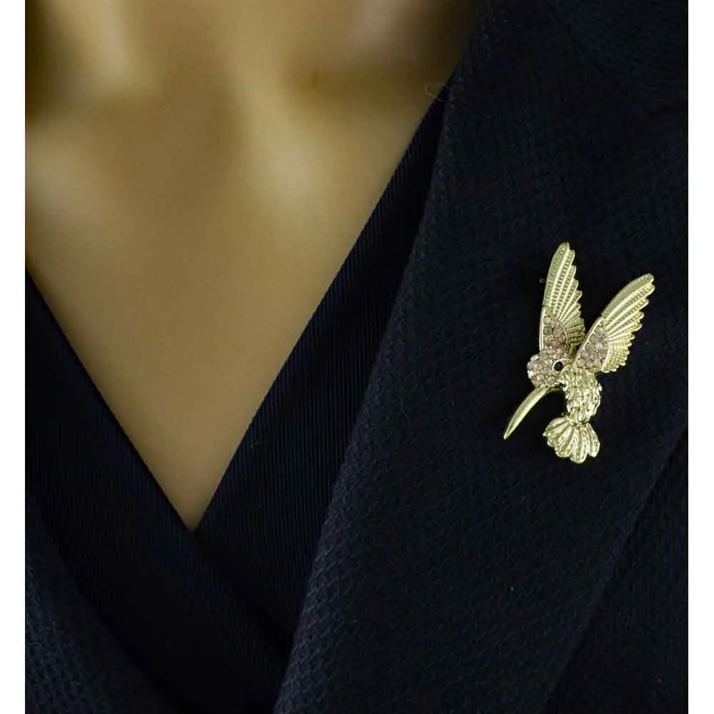 Hummingbird Brooch Pin with Tan Crystals - PRB458