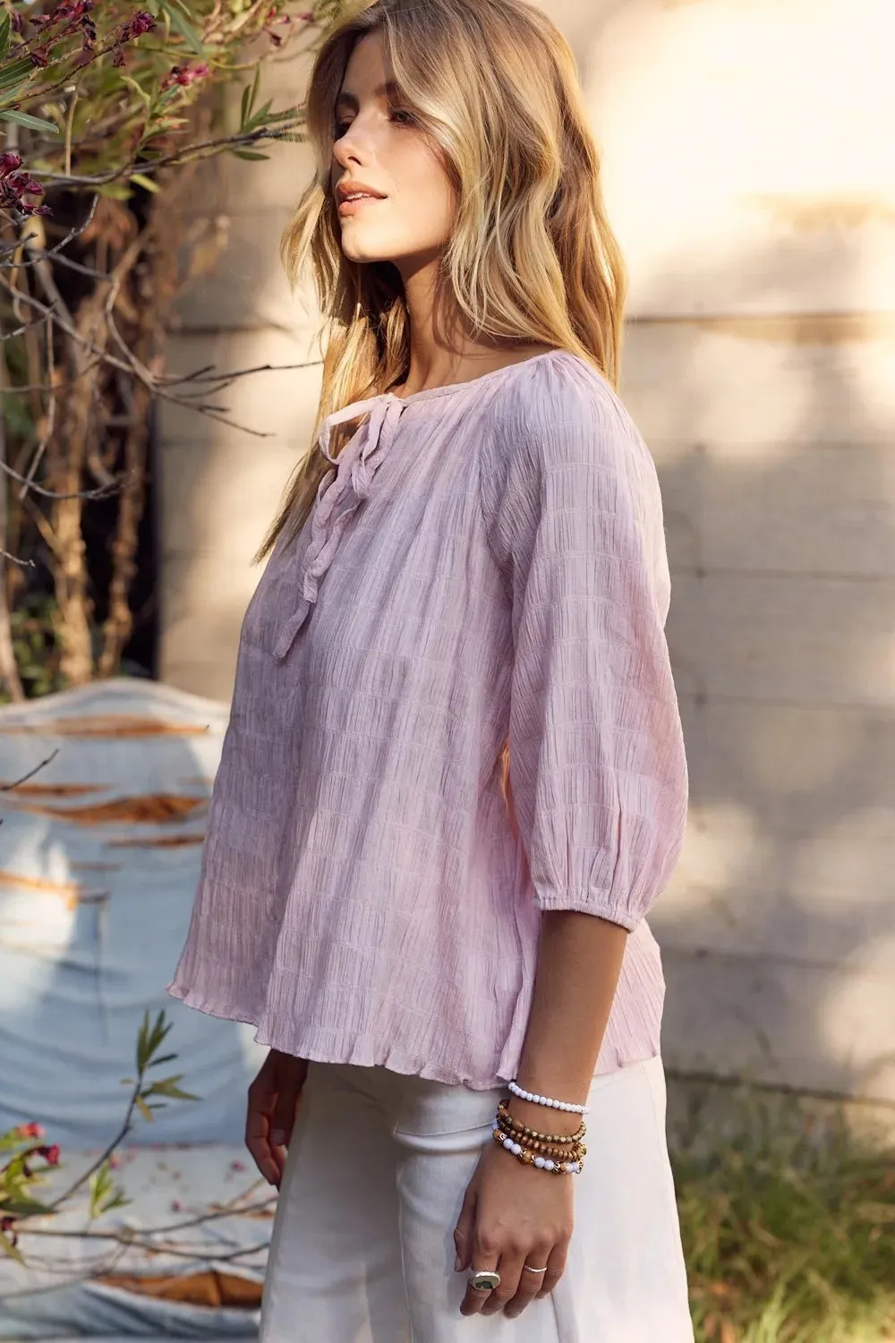 In February Textured Tie Neck Blouse for Elegant Style