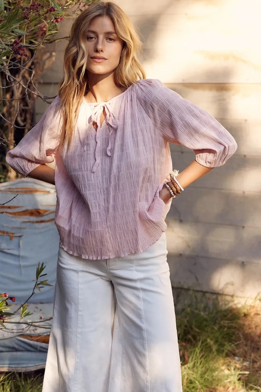 In February Textured Tie Neck Blouse for Elegant Style
