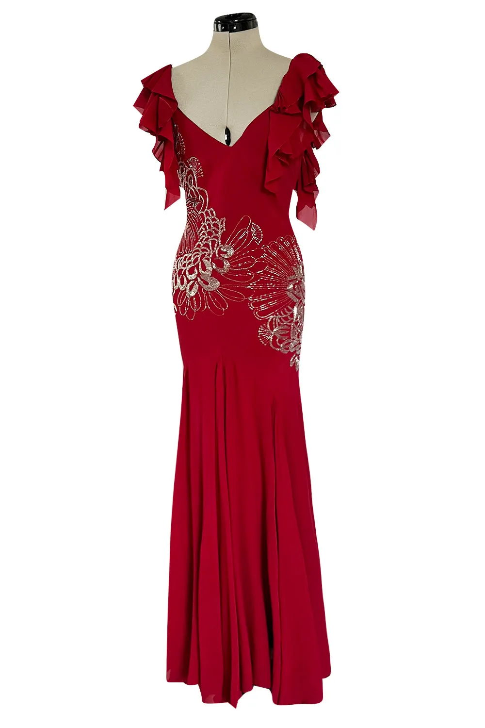 Incredible 2000s John Galliano Deep Red Bias Cut Dress w Silver Bead Detailing