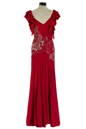 Incredible 2000s John Galliano Deep Red Bias Cut Dress w Silver Bead Detailing
