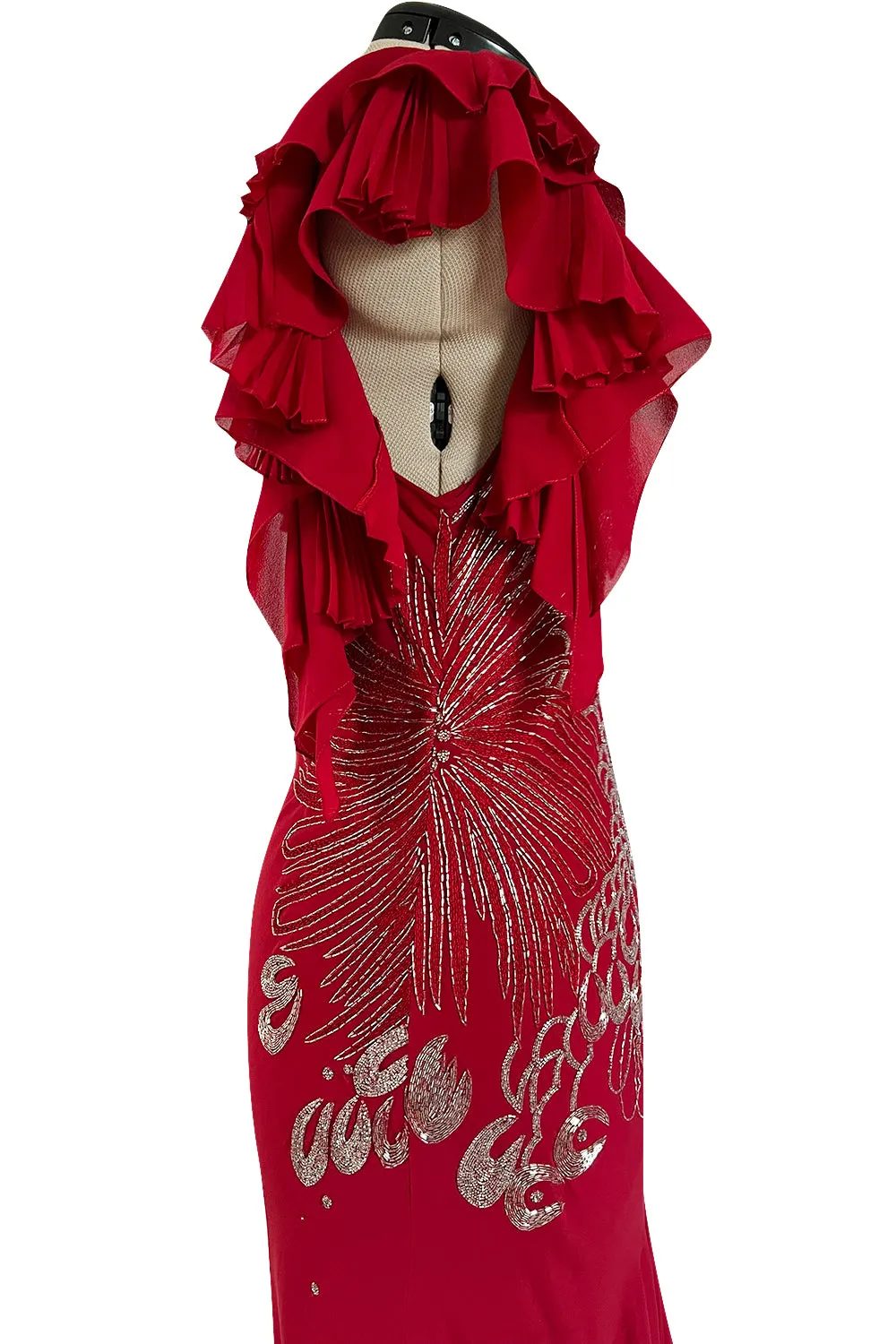 Incredible 2000s John Galliano Deep Red Bias Cut Dress w Silver Bead Detailing