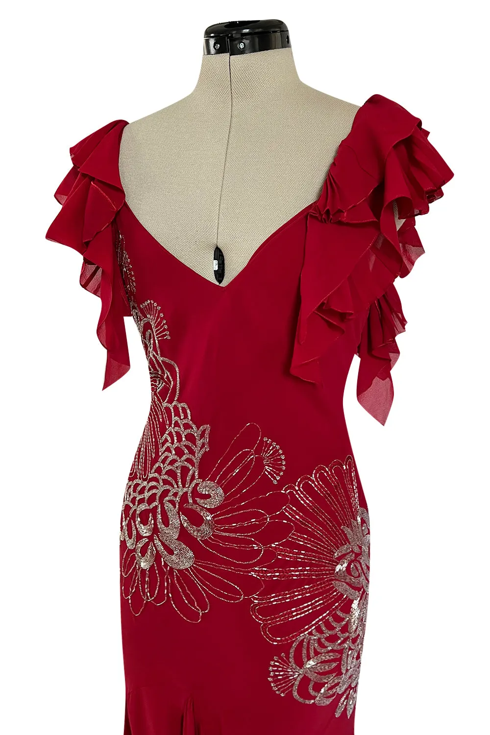 Incredible 2000s John Galliano Deep Red Bias Cut Dress w Silver Bead Detailing