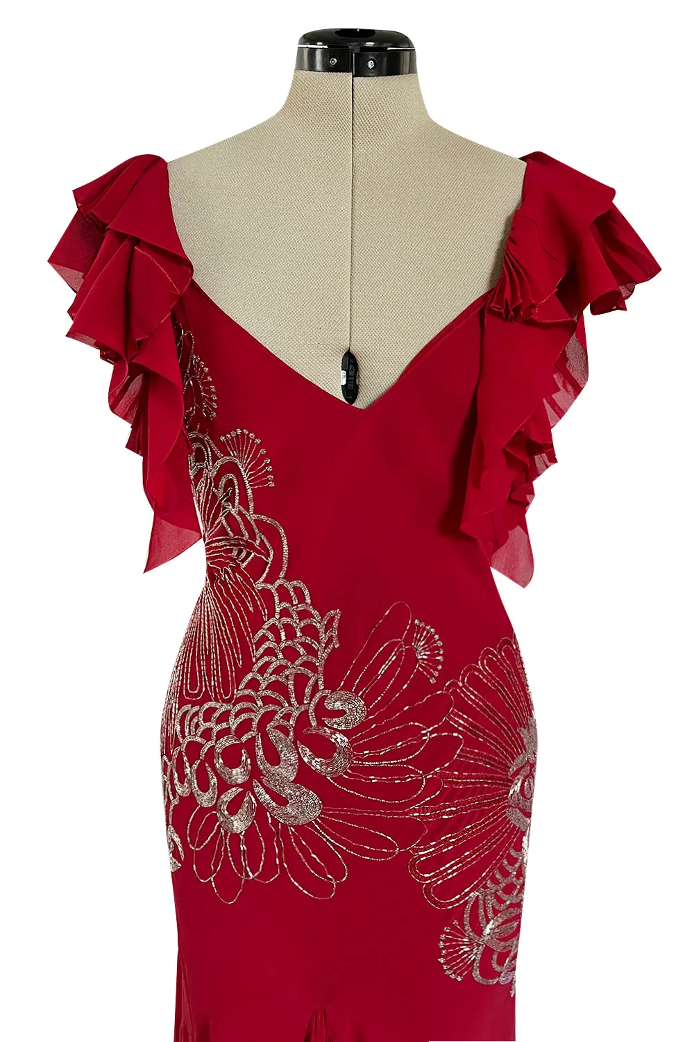Incredible 2000s John Galliano Deep Red Bias Cut Dress w Silver Bead Detailing