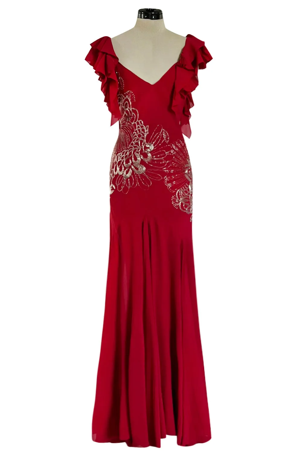 Incredible 2000s John Galliano Deep Red Bias Cut Dress w Silver Bead Detailing