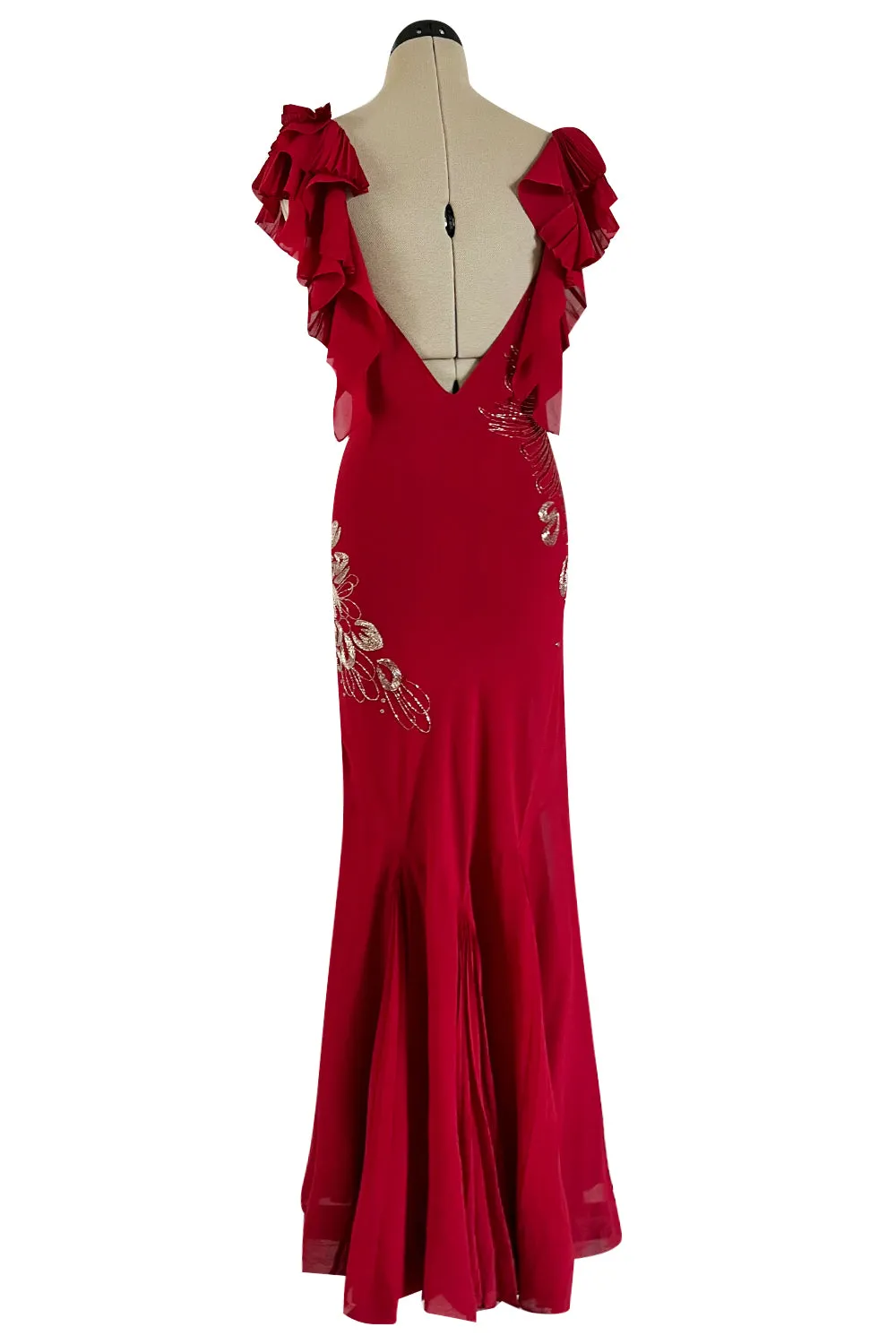 Incredible 2000s John Galliano Deep Red Bias Cut Dress w Silver Bead Detailing