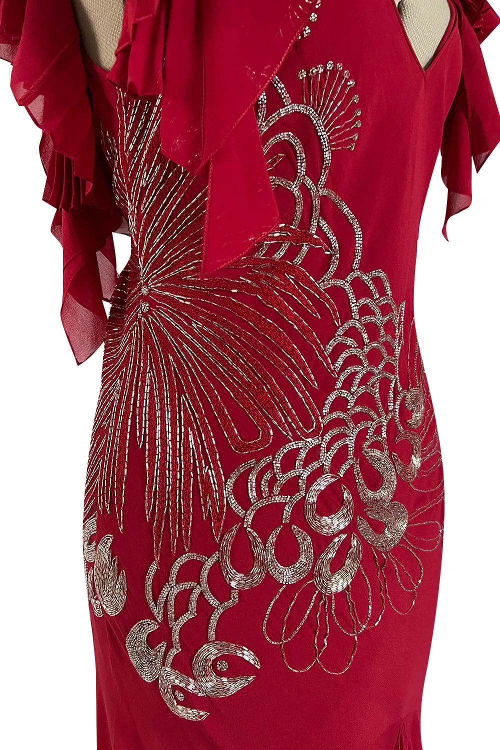 Incredible 2000s John Galliano Deep Red Bias Cut Dress w Silver Bead Detailing