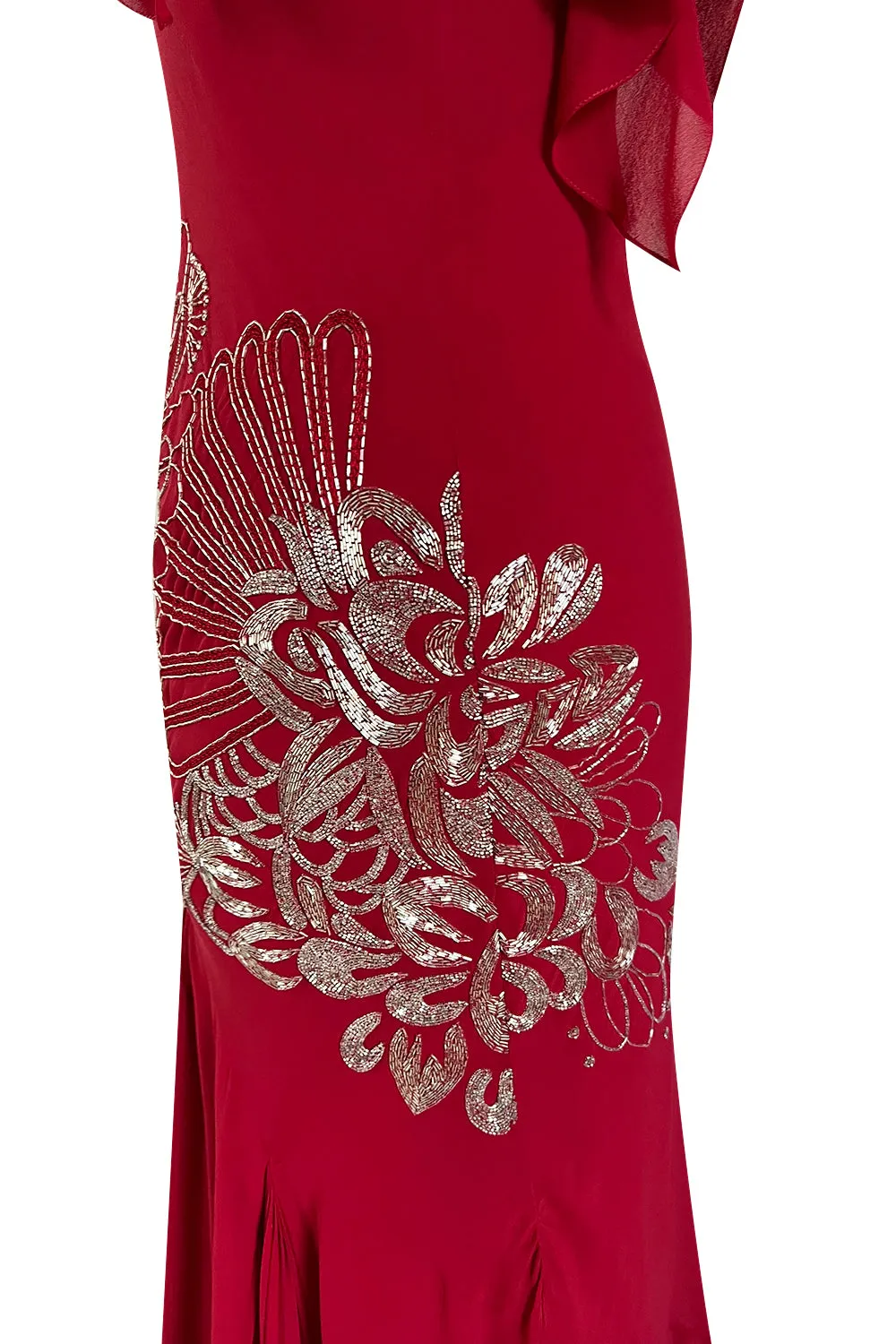 Incredible 2000s John Galliano Deep Red Bias Cut Dress w Silver Bead Detailing