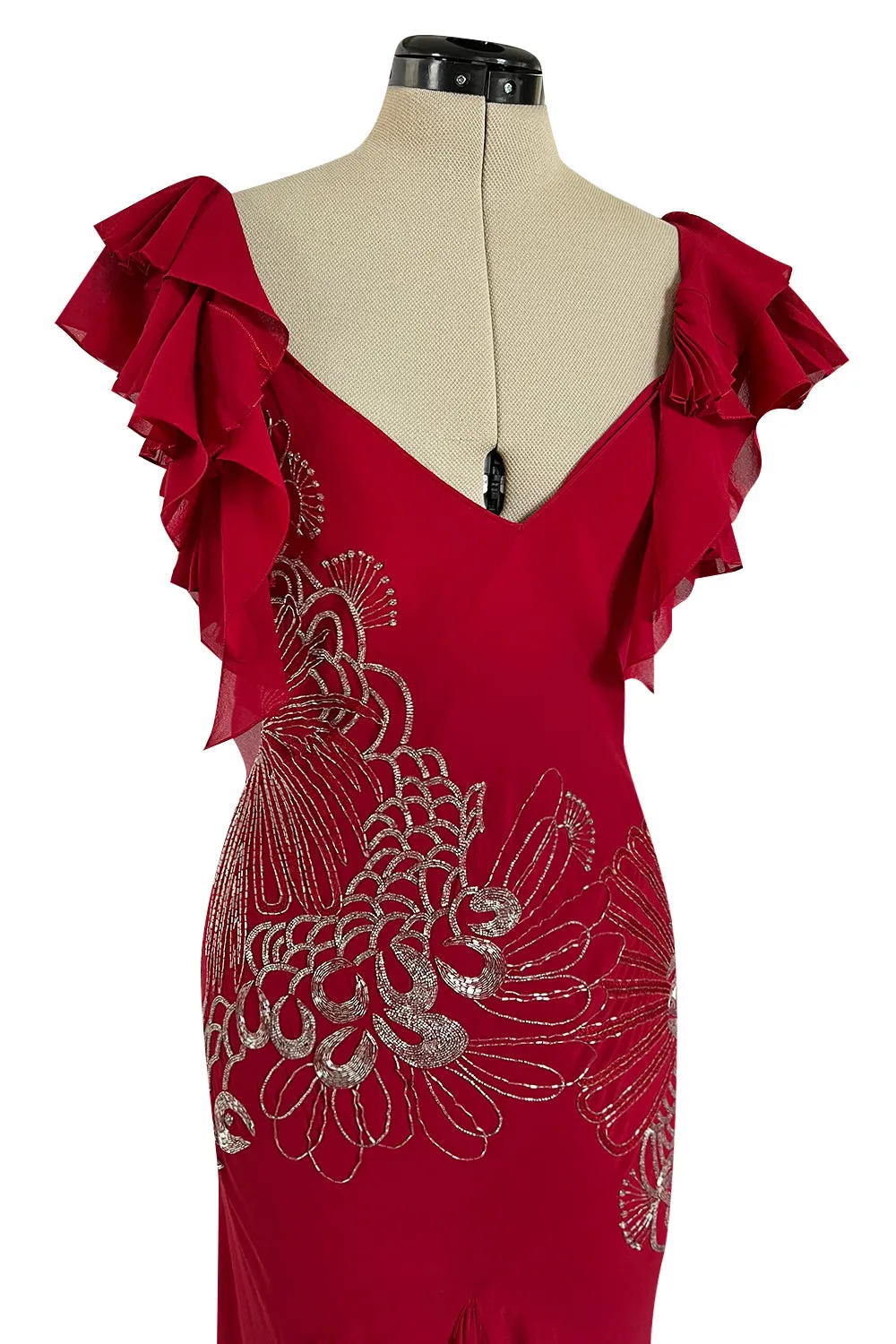 Incredible 2000s John Galliano Deep Red Bias Cut Dress w Silver Bead Detailing