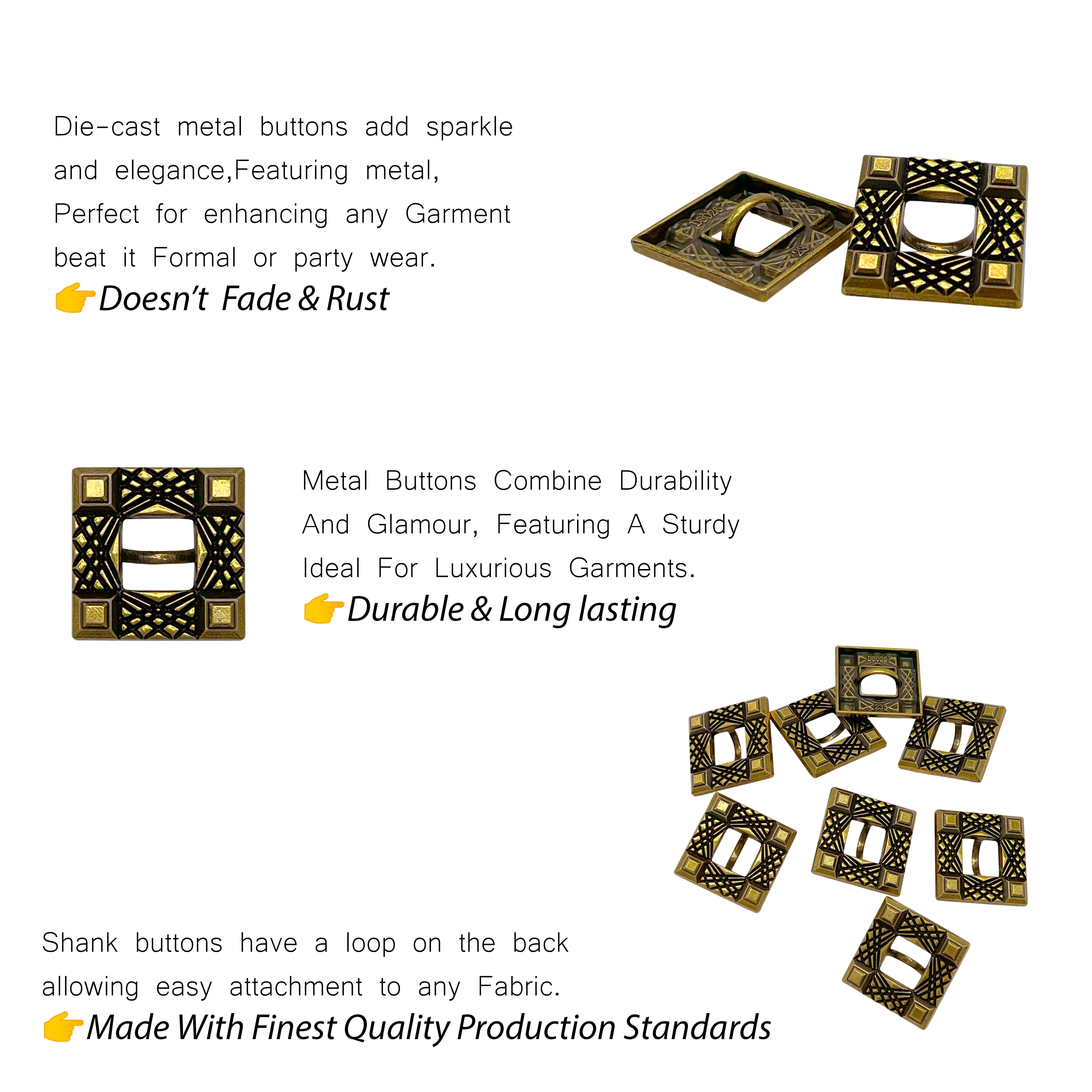 Intricate Square Metal Button for Clothing and Crafts