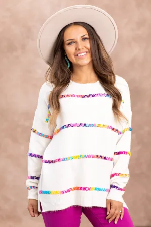 Ivory Sweater With Multicolor Stitch Detail
