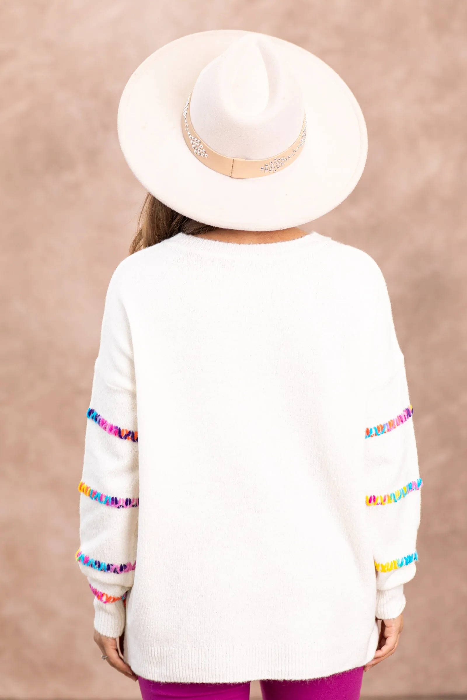 Ivory Sweater With Multicolor Stitch Detail