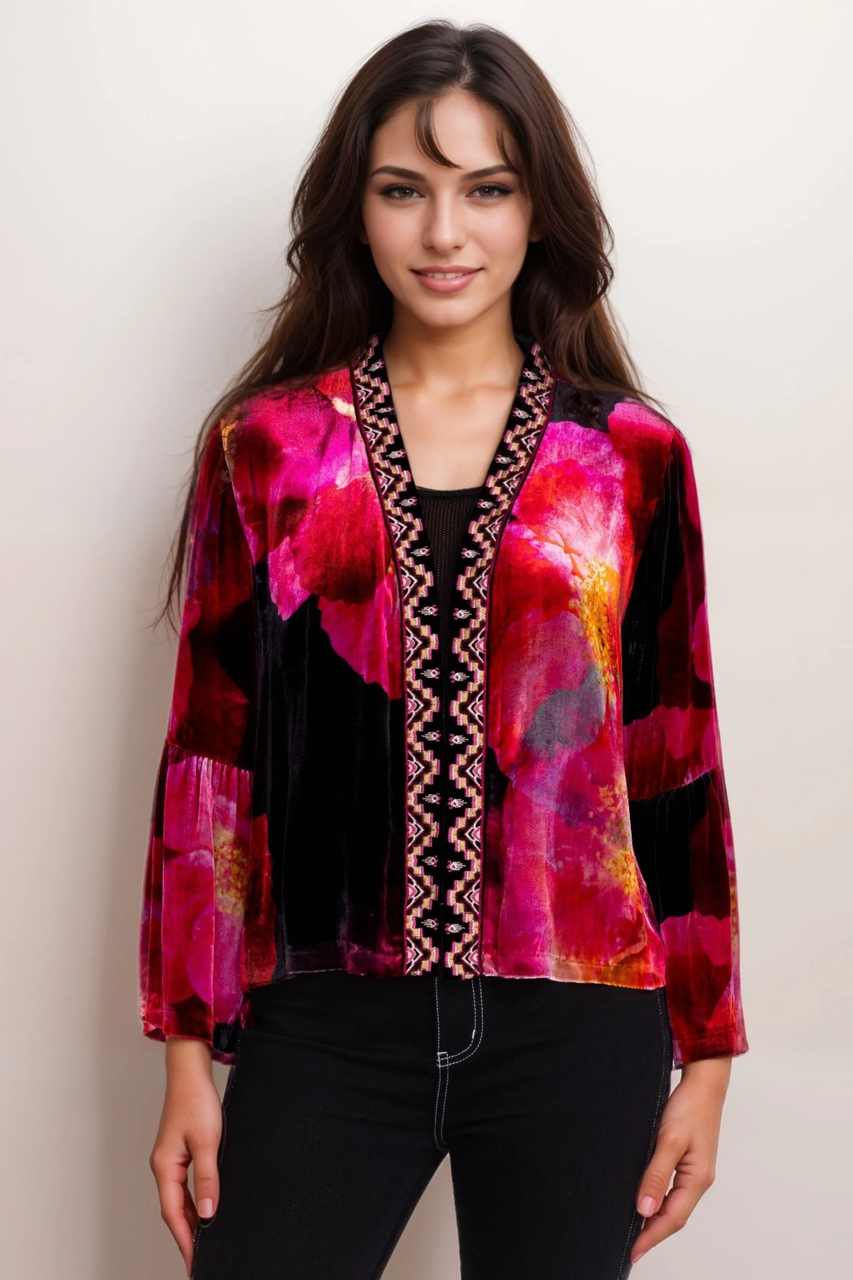 Johnny Was JWLA Ruffle Sleeve Open Front Velvet Bolero J41824-9
