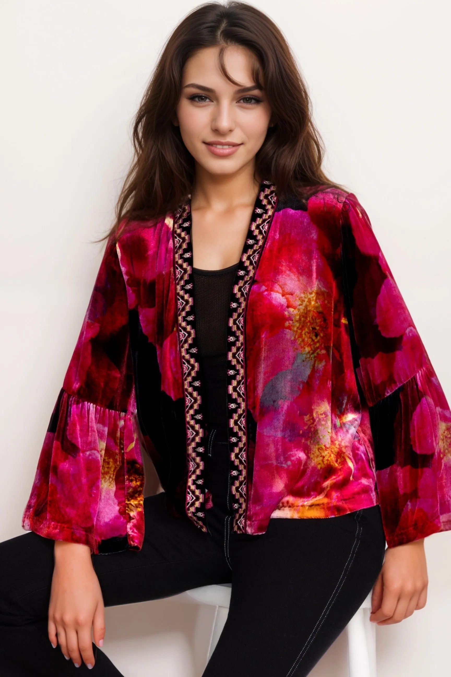Johnny Was JWLA Ruffle Sleeve Open Front Velvet Bolero J41824-9