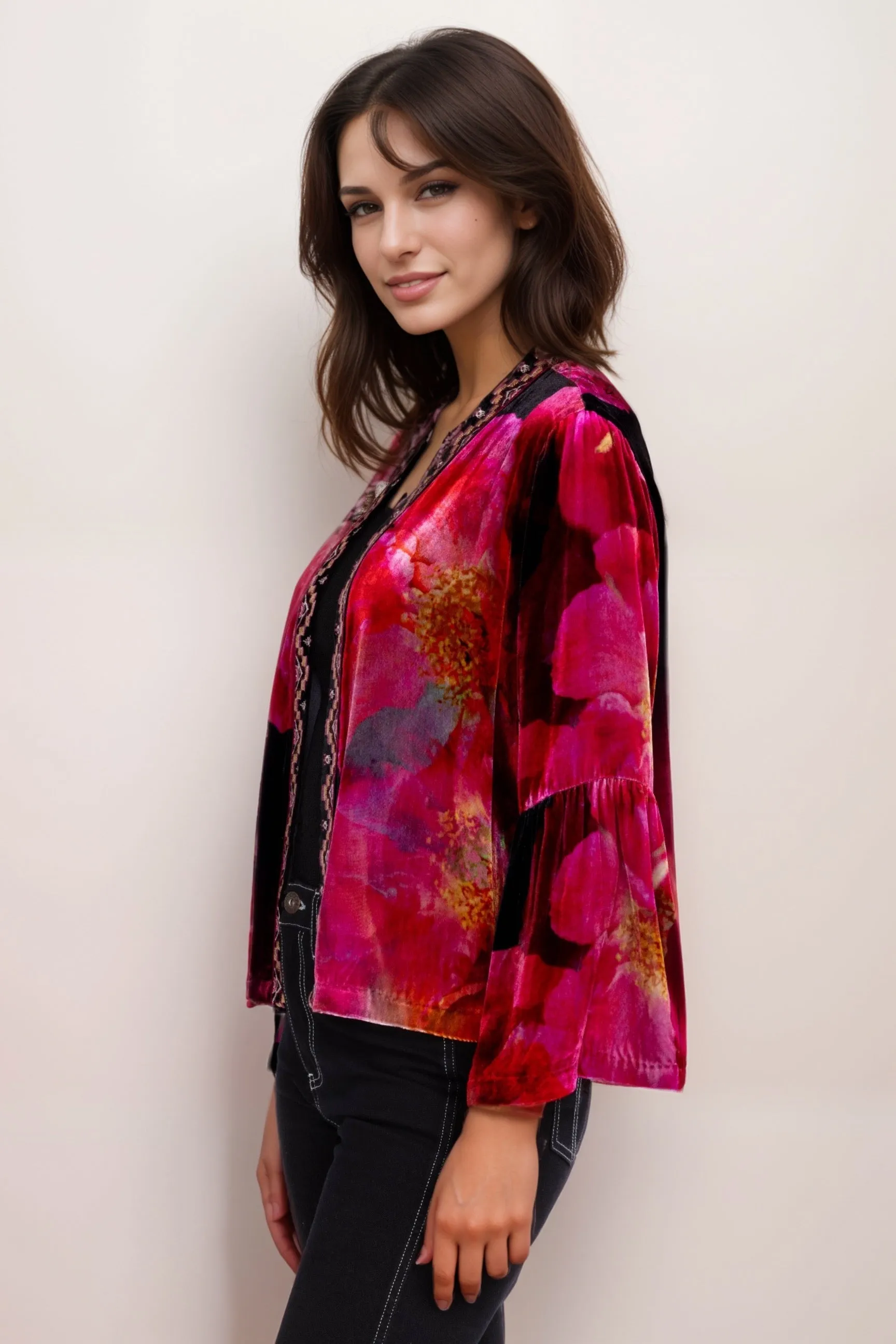 Johnny Was JWLA Ruffle Sleeve Open Front Velvet Bolero J41824-9