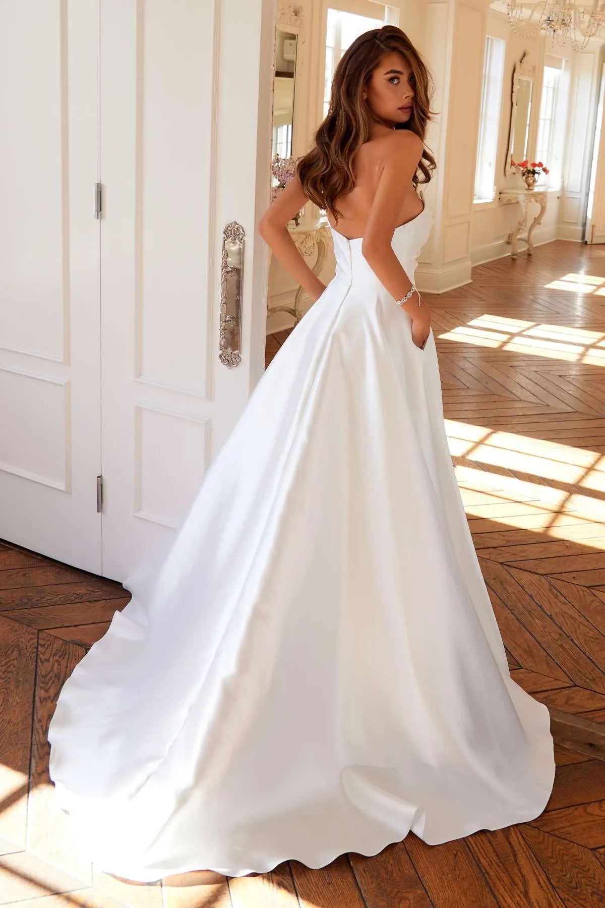 Juliet JT2885CW Classic A-Line Sheen Satin Bridal Gown
