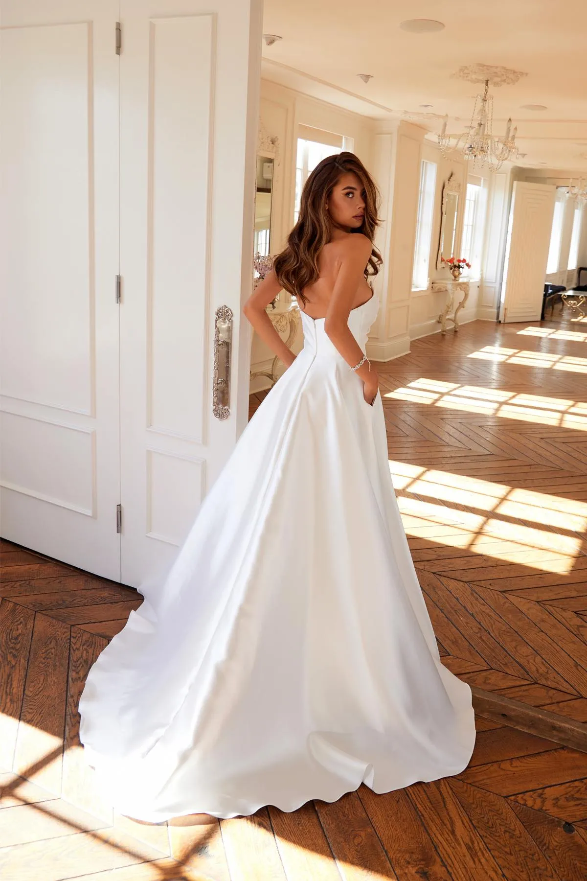 Juliet JT2885CW Classic A-Line Sheen Satin Bridal Gown