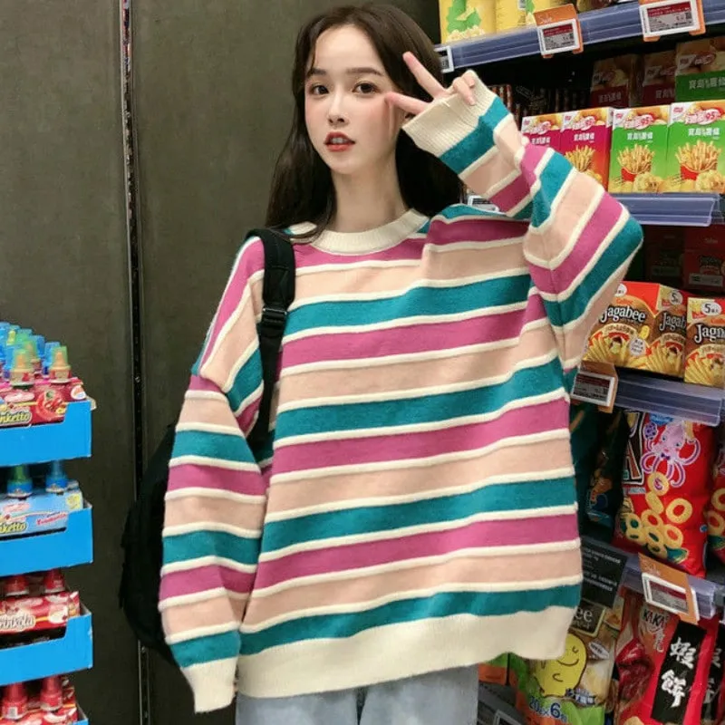 Kawaii Stripes Round Collar Sweaters