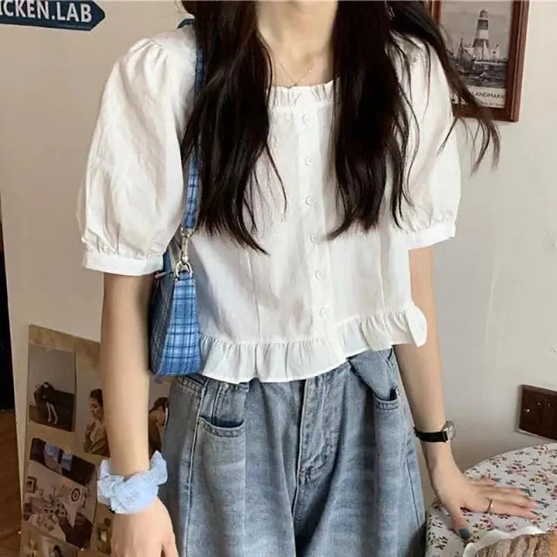 Korean-Inspired Ruffle Chiffon Blouse – Cute Cropped Short Sleeve Feminine Chic Shirt for Women
