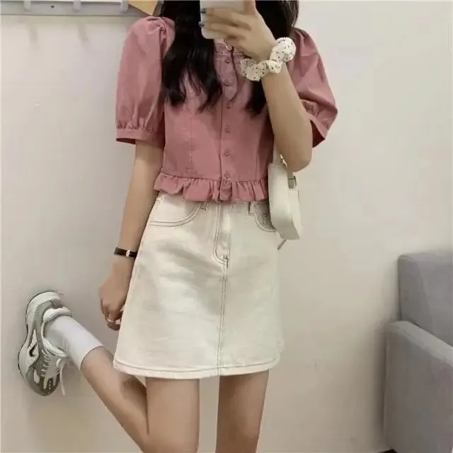Korean-Inspired Ruffle Chiffon Blouse – Cute Cropped Short Sleeve Feminine Chic Shirt for Women