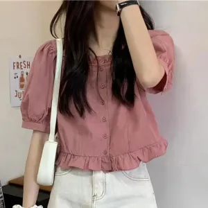 Korean-Inspired Ruffle Chiffon Blouse – Cute Cropped Short Sleeve Feminine Chic Shirt for Women