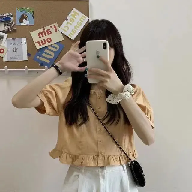 Korean-Inspired Ruffle Chiffon Blouse – Cute Cropped Short Sleeve Feminine Chic Shirt for Women