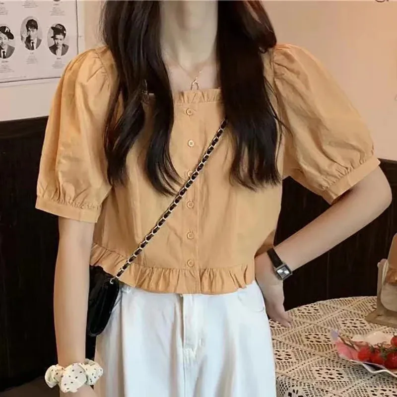 Korean-Inspired Ruffle Chiffon Blouse – Cute Cropped Short Sleeve Feminine Chic Shirt for Women