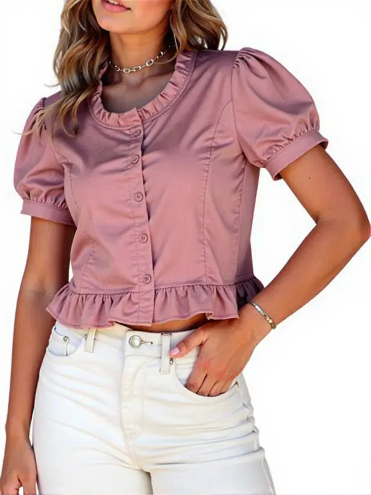 Korean-Inspired Ruffle Chiffon Blouse – Cute Cropped Short Sleeve Feminine Chic Shirt for Women
