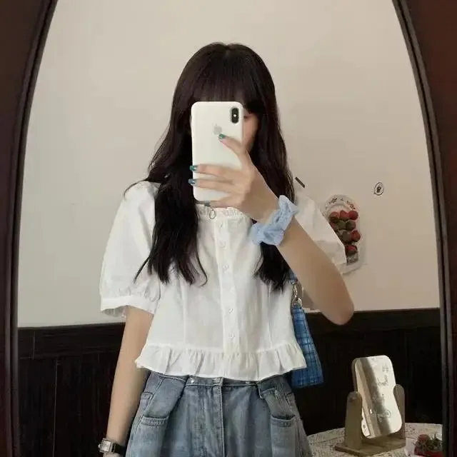 Korean-Inspired Ruffle Chiffon Blouse – Cute Cropped Short Sleeve Feminine Chic Shirt for Women