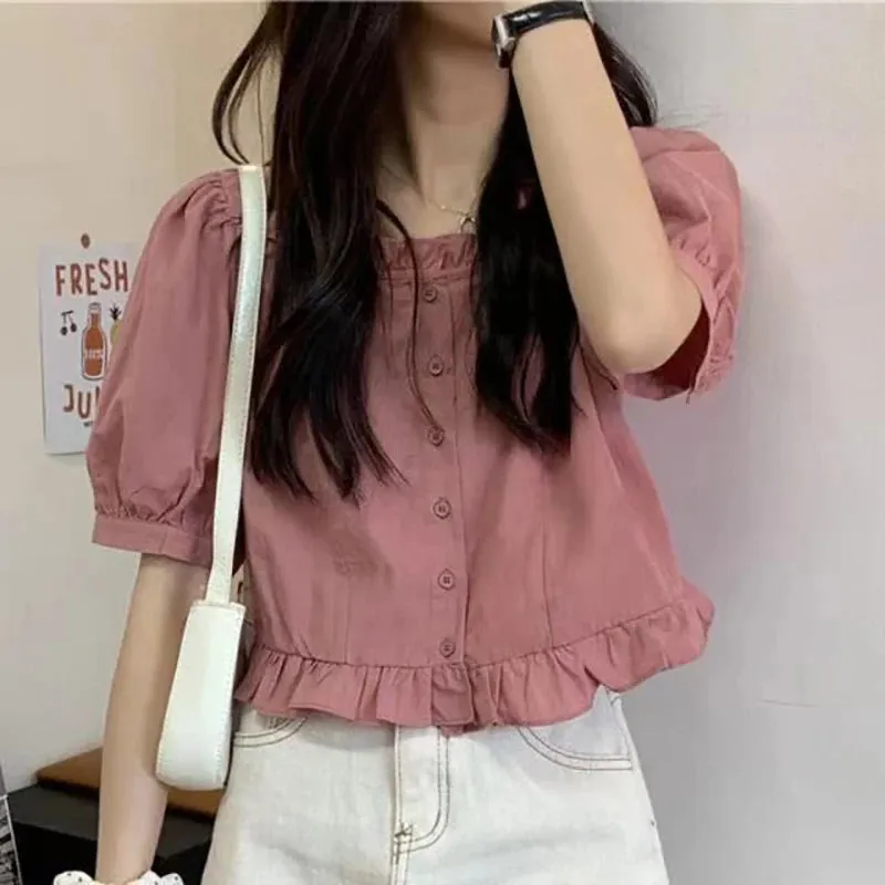 Korean-Inspired Ruffle Chiffon Blouse – Cute Cropped Short Sleeve Feminine Chic Shirt for Women