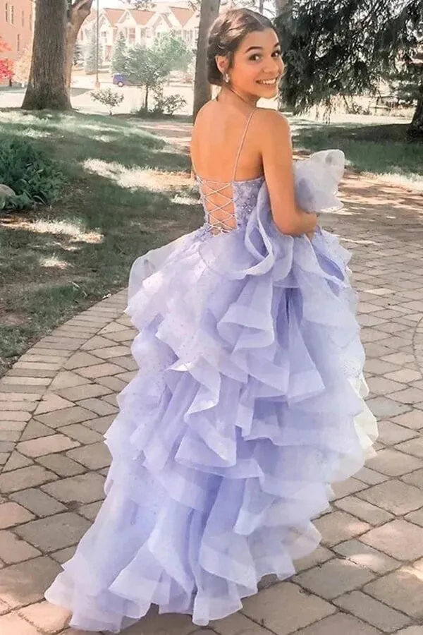 Lavender Puffy Tulle A-line Scoop Spaghetti Straps Long Prom Dresses, SP889