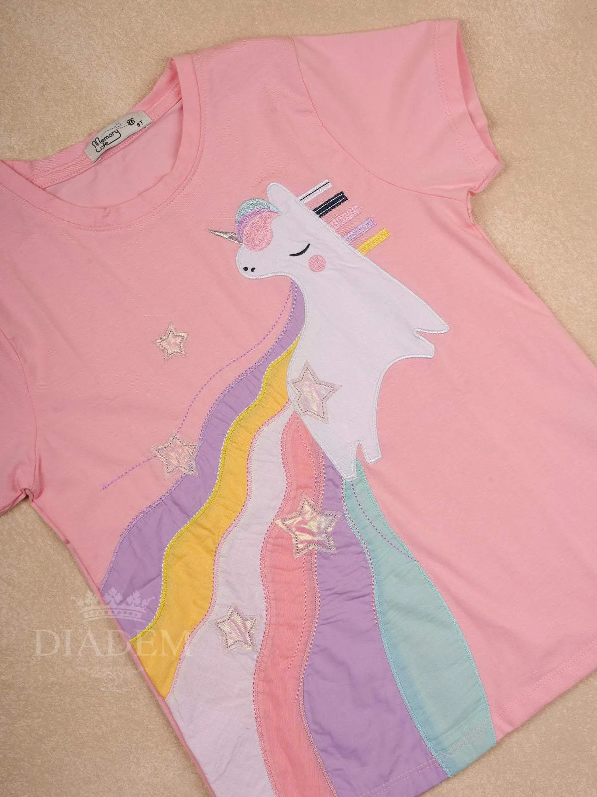 Light Pink Cotton Half Sleeve T-Shirt with Unicorn Designs for Girls