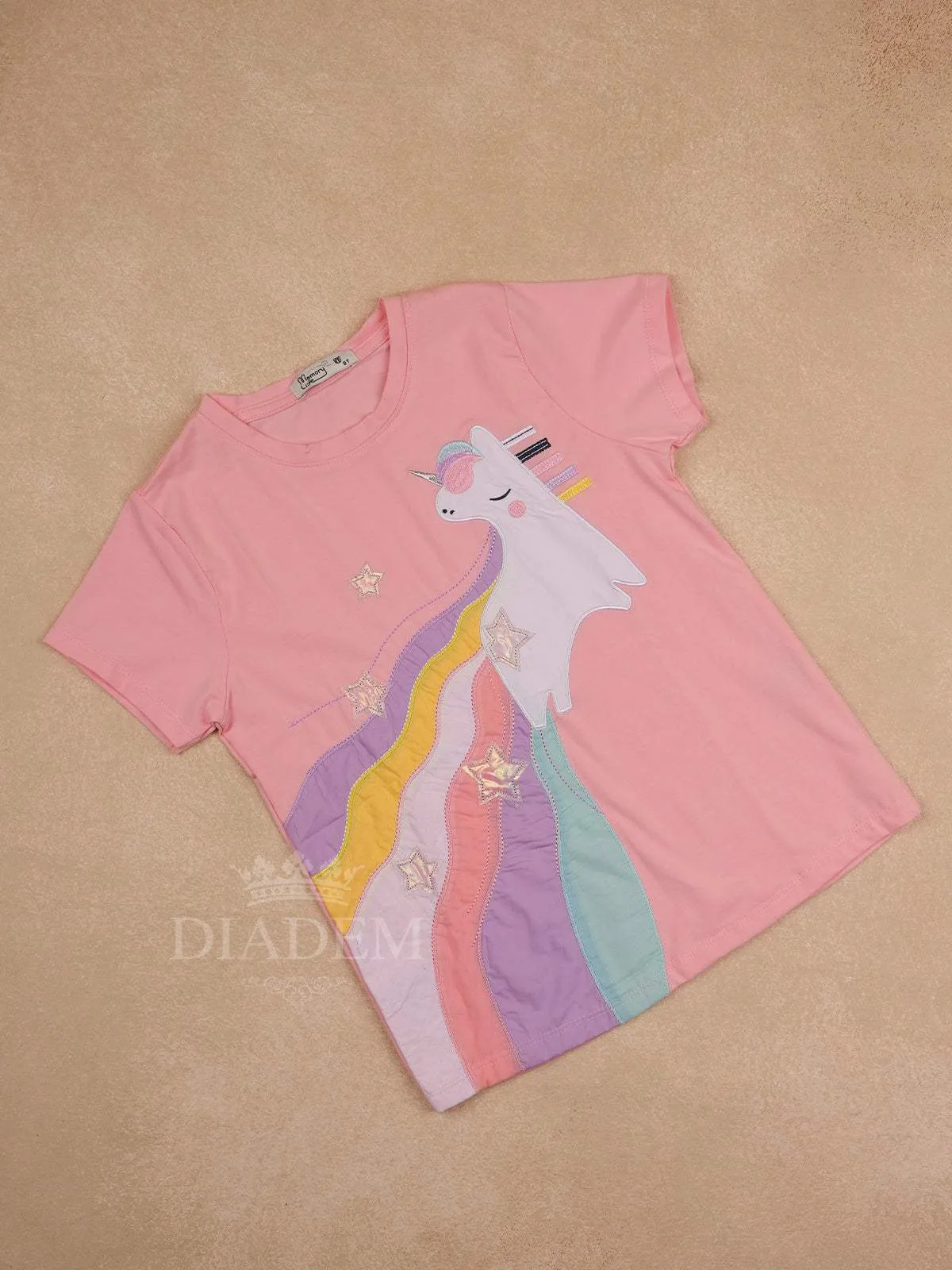 Light Pink Cotton Half Sleeve T-Shirt with Unicorn Designs for Girls