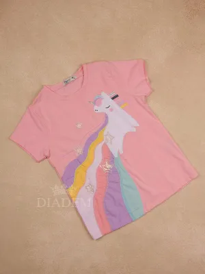 Light Pink Cotton Half Sleeve T-Shirt with Unicorn Designs for Girls